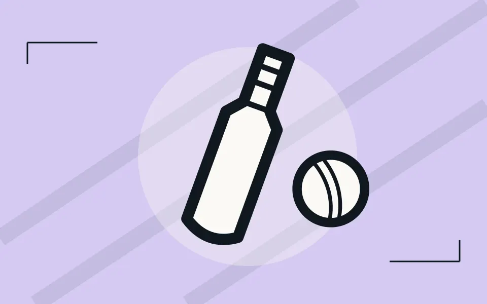 Original illustration of a cricket bat and ball on a lavender background.