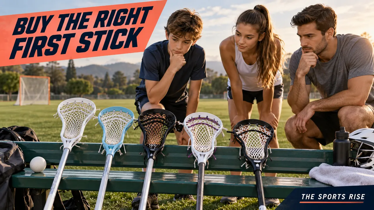A family examines unbranded lacrosse sticks on a bench, headed “BUY THE RIGHT FIRST STICK”, with The Sports Rise branding below.