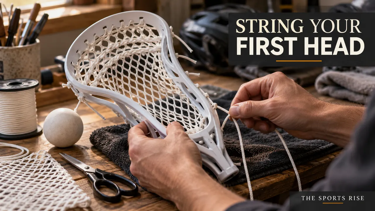 Hands work on the mesh and sidewall cord of a lacrosse head, headed “STRING YOUR FIRST HEAD”, with The Sports Rise branding below.