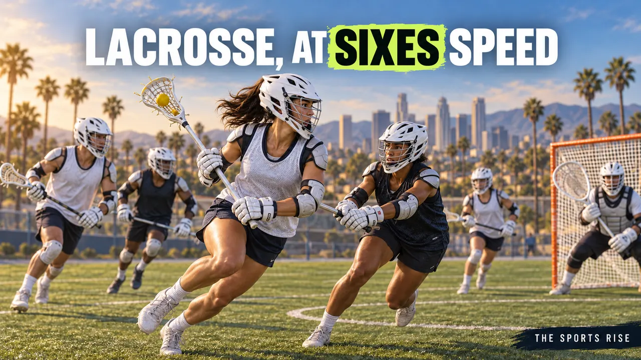 Helmeted adult players practise lacrosse, headed “LACROSSE, AT SIXES SPEED”, with The Sports Rise branding below.