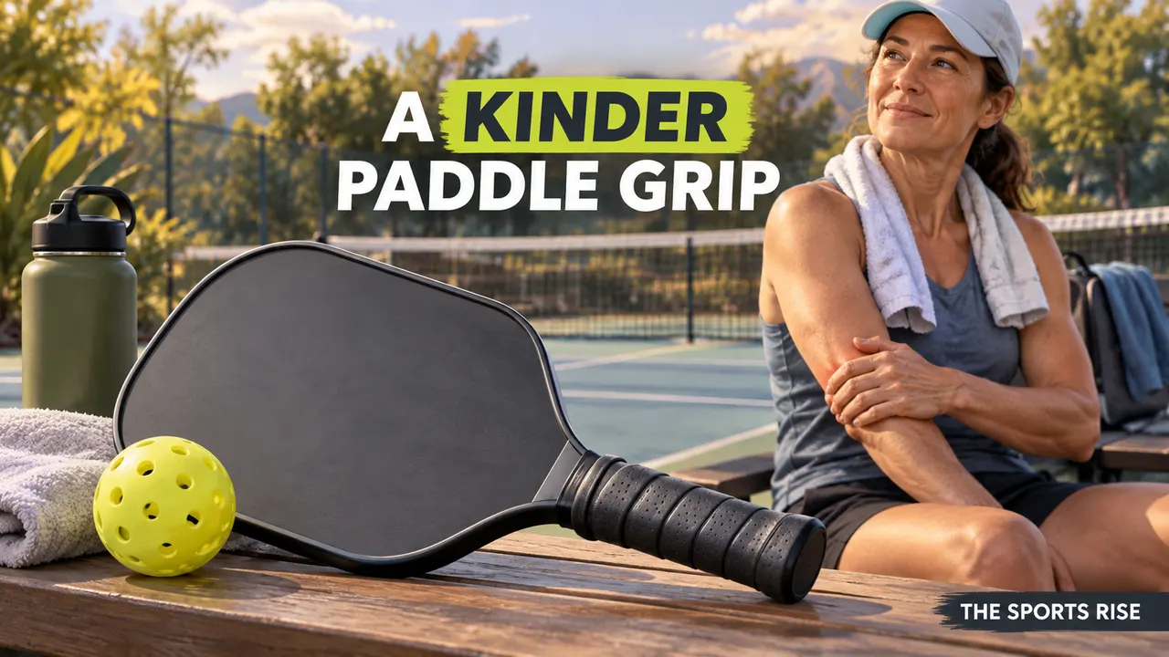 A pickleball paddle and perforated ball sit beside a player resting her elbow, headed “A KINDER PADDLE GRIP”, with The Sports Rise branding below.
