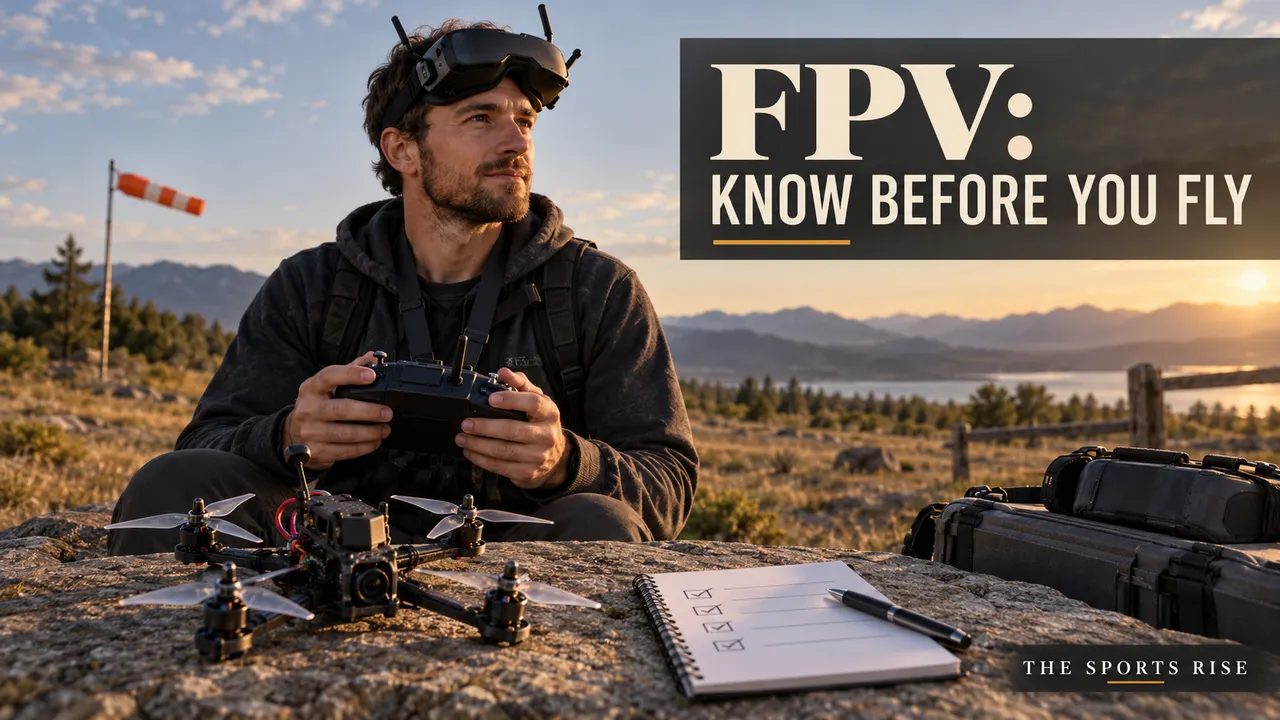 An adult FPV pilot reviews a checklist beside a quadcopter and controller, headed “FPV: KNOW BEFORE YOU FLY”, with The Sports Rise branding below.