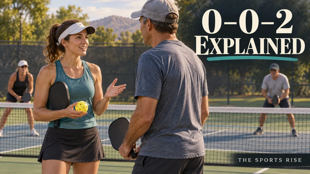Pickleball players discuss the starting score beside a net, headed “0–0–2 EXPLAINED”, with The Sports Rise branding below.