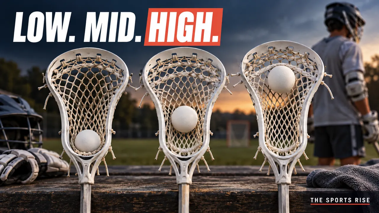 Three lacrosse pockets hold smooth white balls in low, mid and high positions, headed “LOW. MID. HIGH.”, with The Sports Rise branding below.