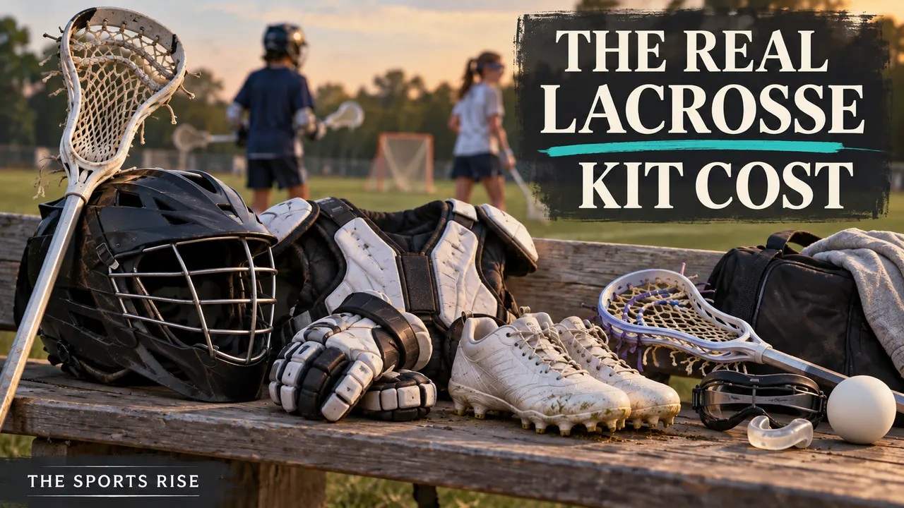 Lacrosse helmet, pads, gloves, sticks, cleats and mouthguard are arranged on a bench, headed “THE REAL LACROSSE KIT COST”, with The Sports Rise branding below.