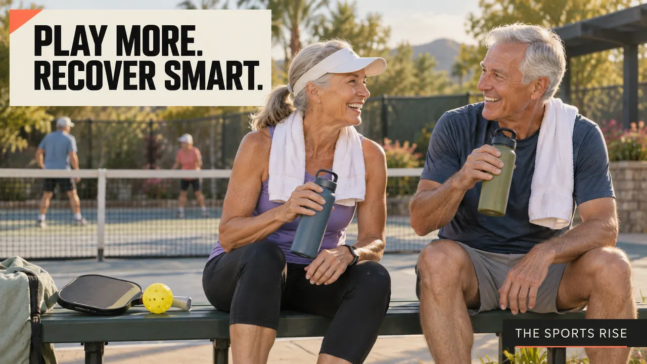Older adults rest, hydrate and smile beside a pickleball court, headed “PLAY MORE. RECOVER SMART.”, with The Sports Rise branding below.