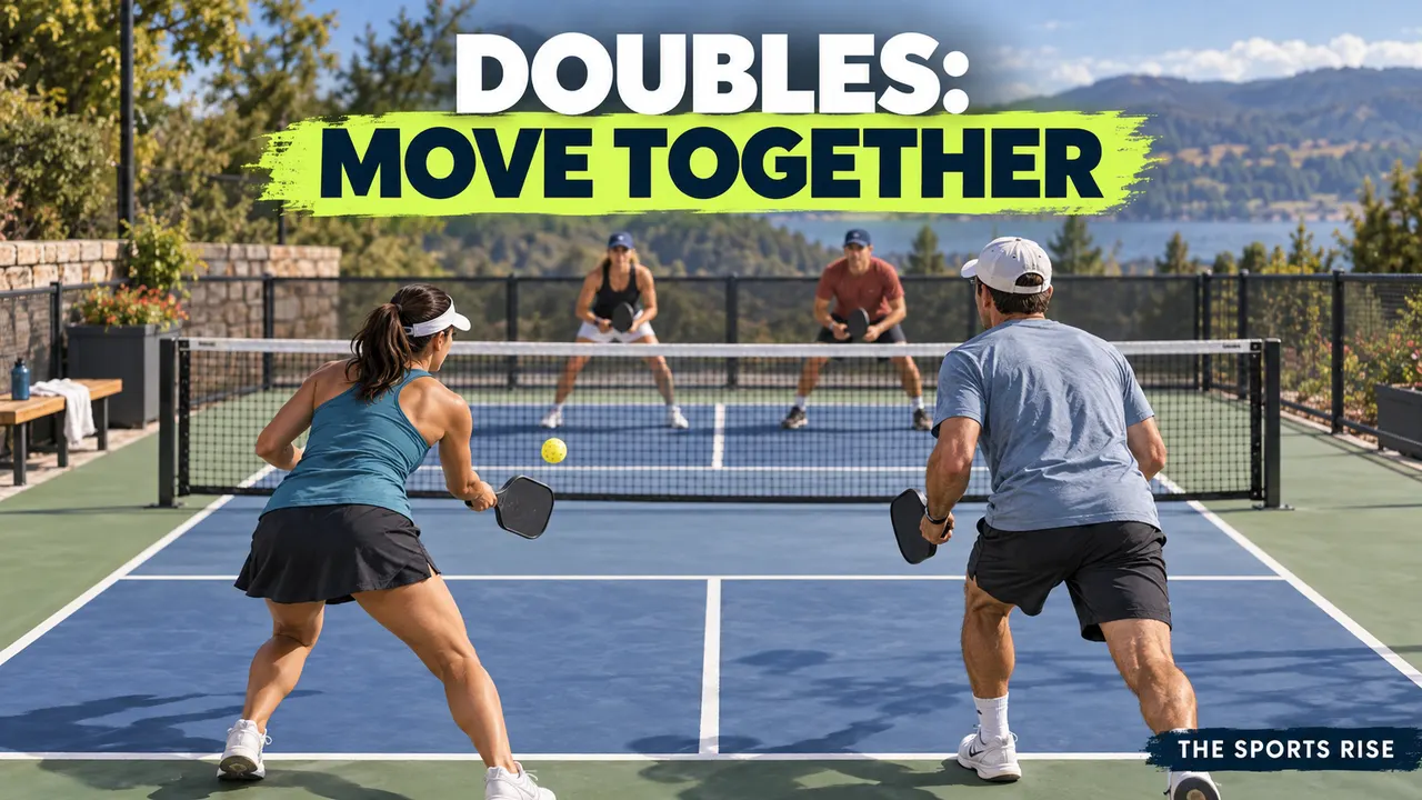 Two pickleball partners move together during a doubles rally, headed “DOUBLES: MOVE TOGETHER”, with The Sports Rise branding below.