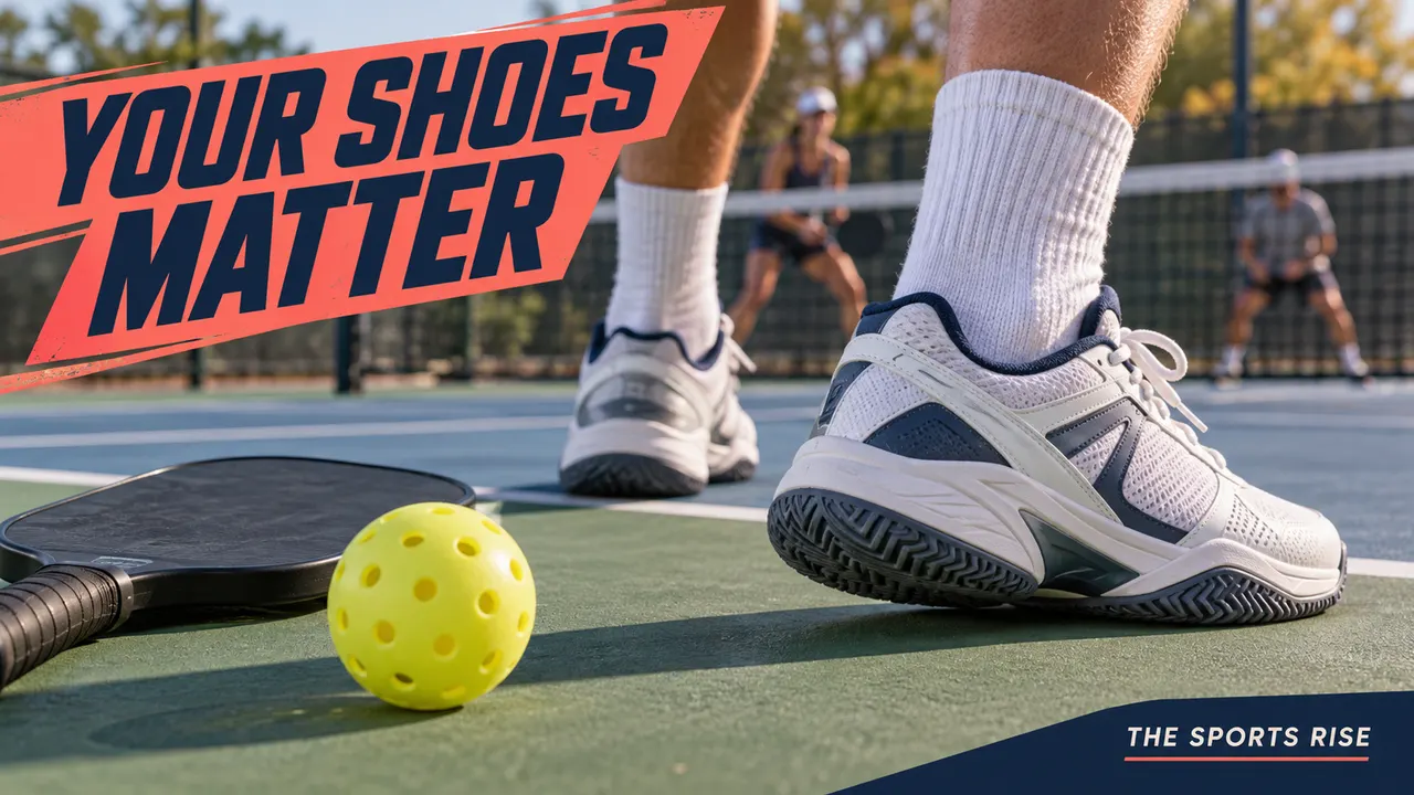A close-up of court shoes shows lateral support beside a pickleball paddle and ball, headed “YOUR SHOES MATTER”, with The Sports Rise branding below.