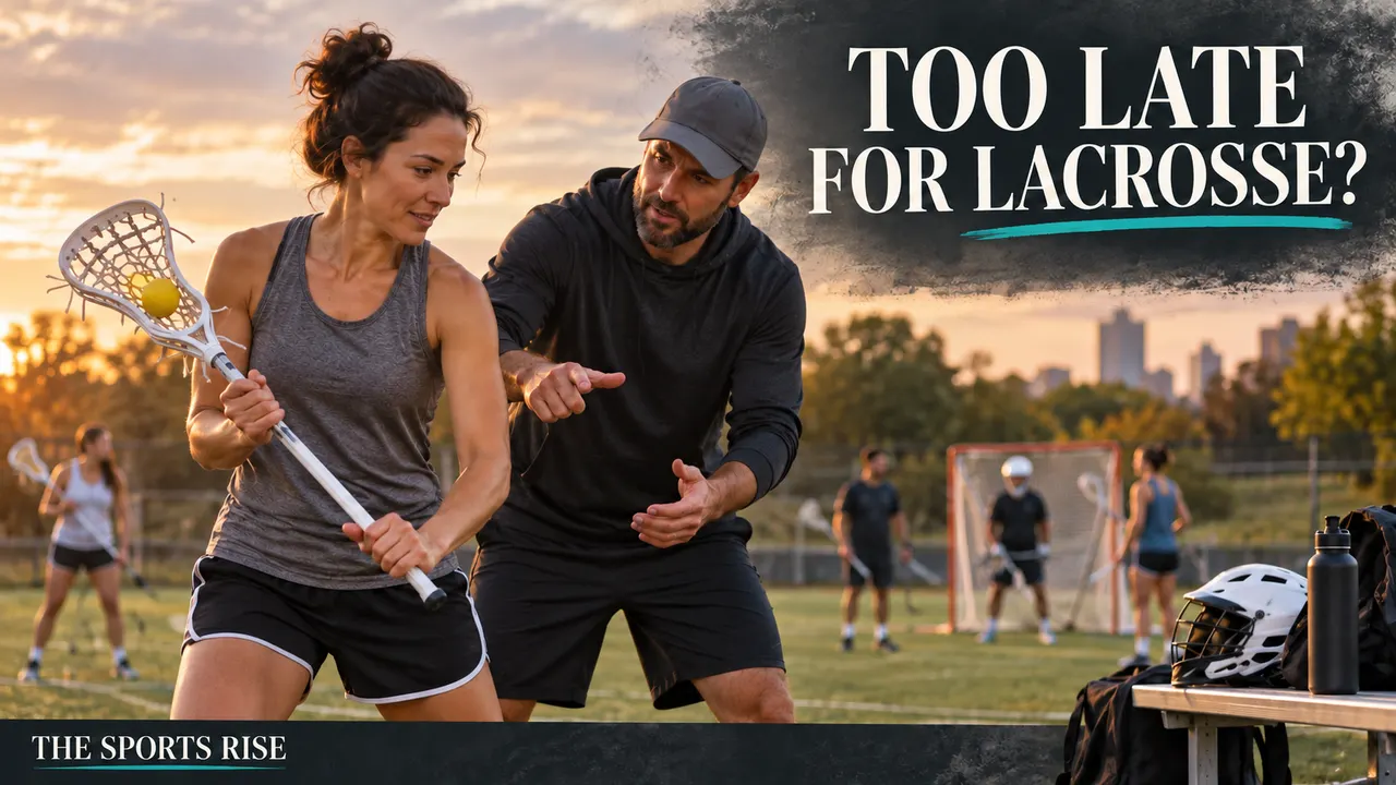 An adult beginner practises a lacrosse grip with a coach, headed “TOO LATE FOR LACROSSE?”, with The Sports Rise branding below.