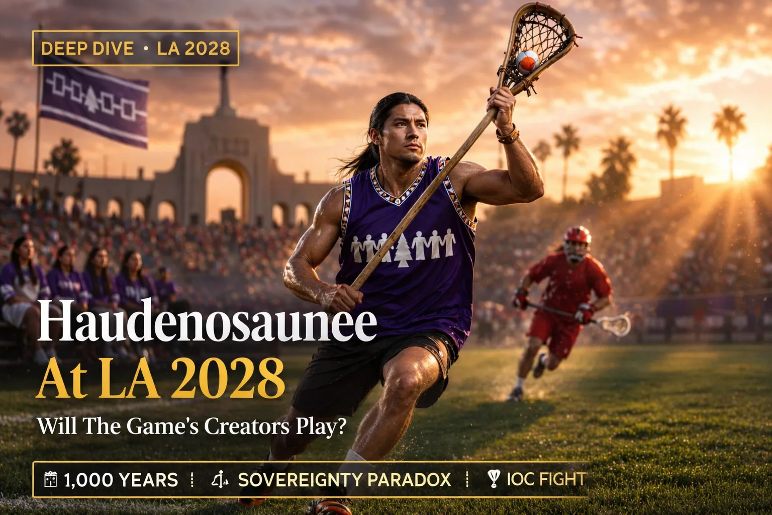 Haudenosaunee Nationals lacrosse player in purple jersey with Hiawatha Belt crest and traditional wooden stick, LA Coliseum silhouette behind