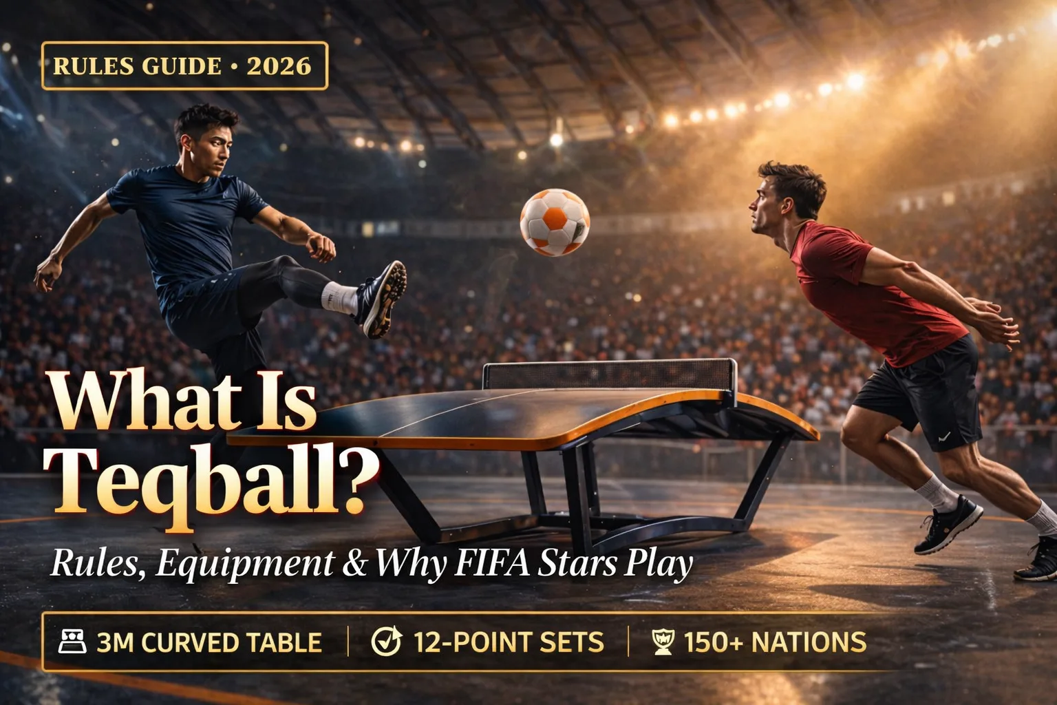 Two teqball players mid-rally on a curved FITEQ table in a golden-hour stadium, football mid-air