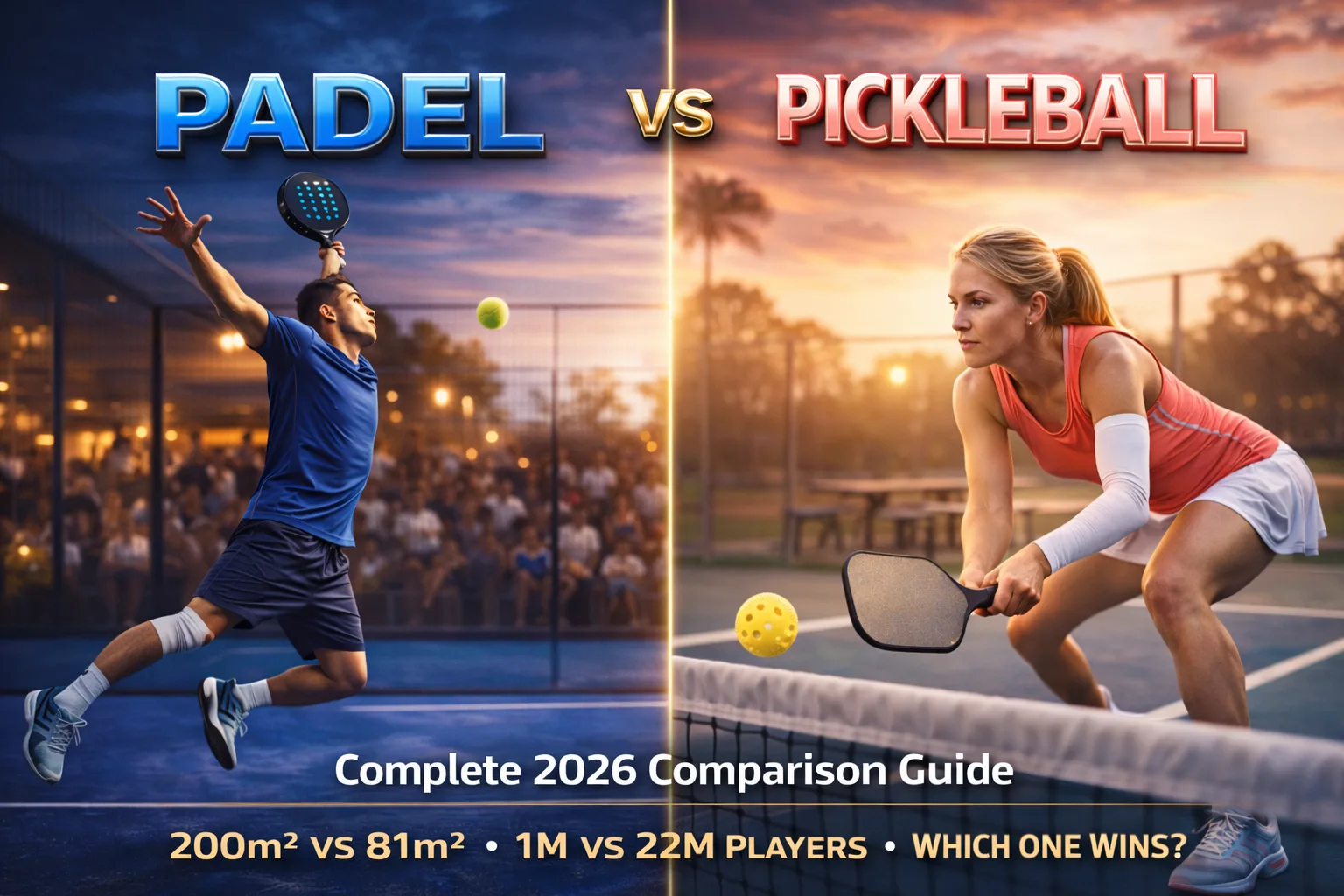 Split image — padel court with glass walls vs pickleball court with painted lines, racket sport comparison
