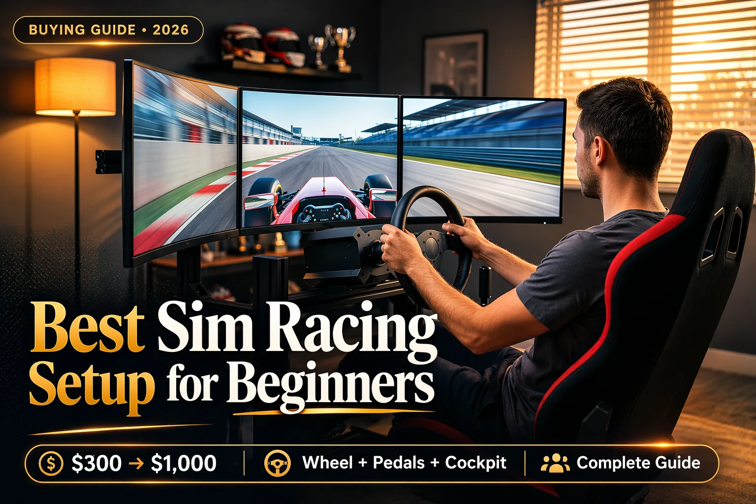 Sim racing cockpit with direct-drive wheel, load-cell pedals, triple monitor setup and racing seat for beginner buying guide