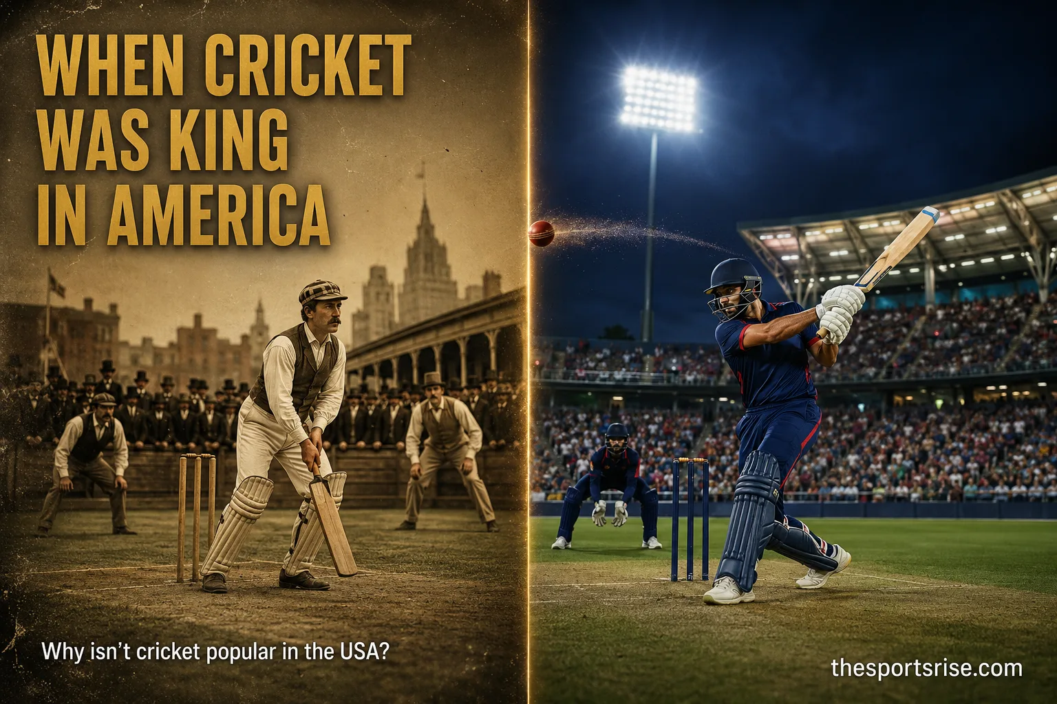 An 1844 cricket match at New York's St George's ground sits beside a modern floodlit Major League Cricket stadium in Texas.