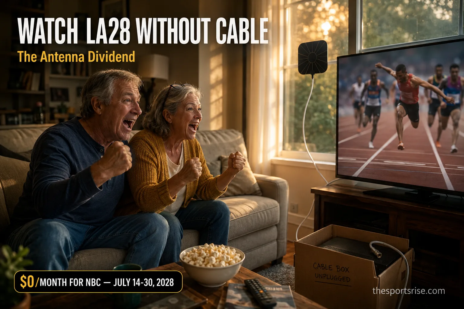 A smiling older couple watches live Olympic track coverage at home on a TV connected to a small indoor antenna.