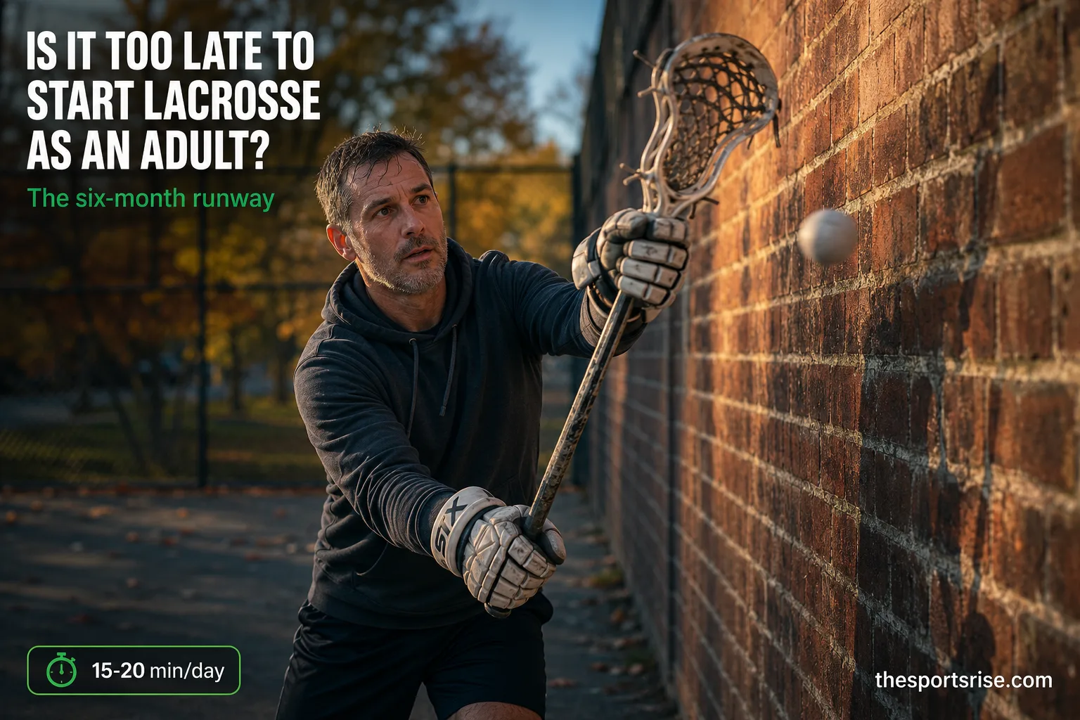 An adult beginner practices wall ball against a brick wall at dusk, learning to catch and throw with a lacrosse stick.