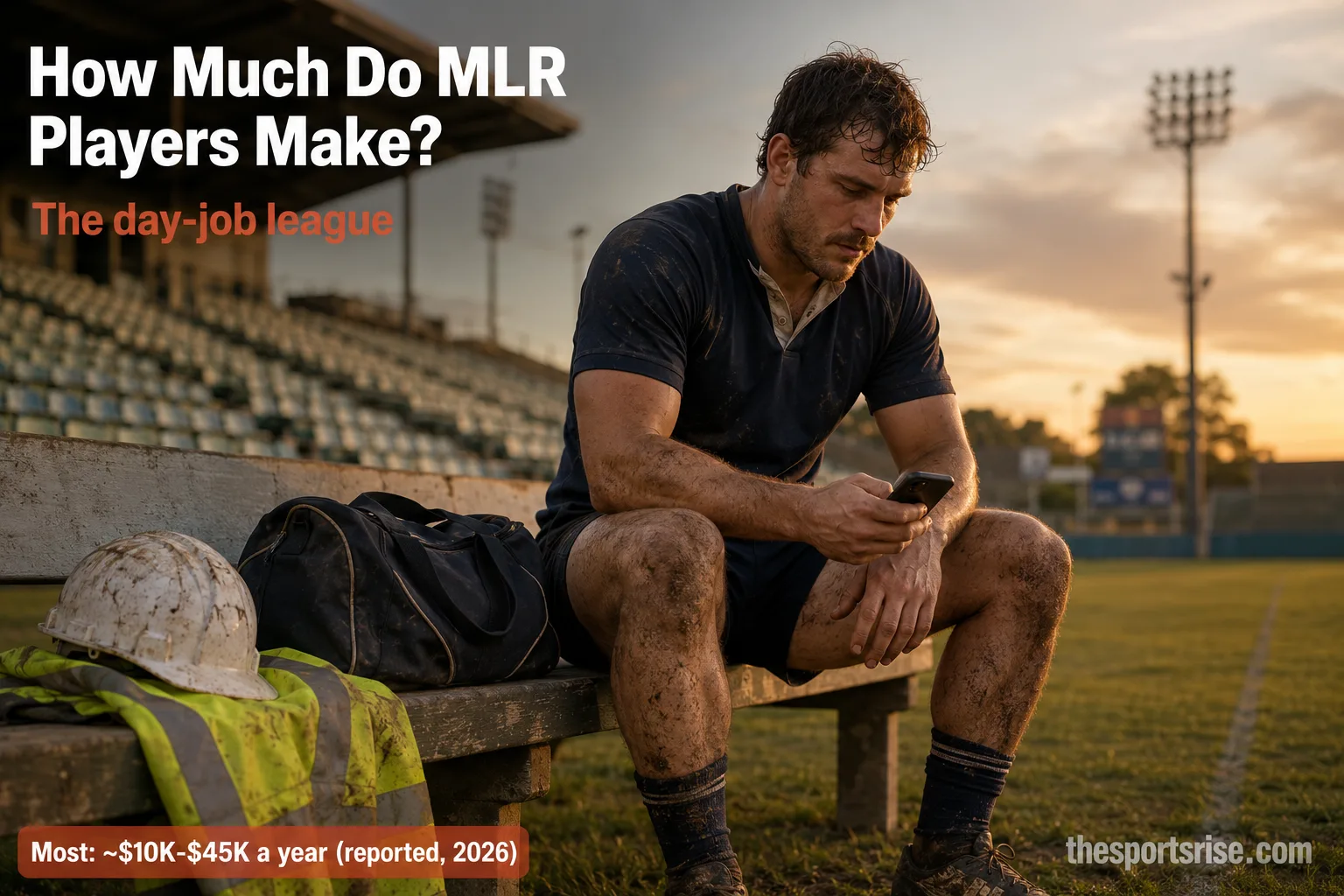 A weary Major League Rugby player in worn training kit checks his phone alone in an empty stadium at dusk.
