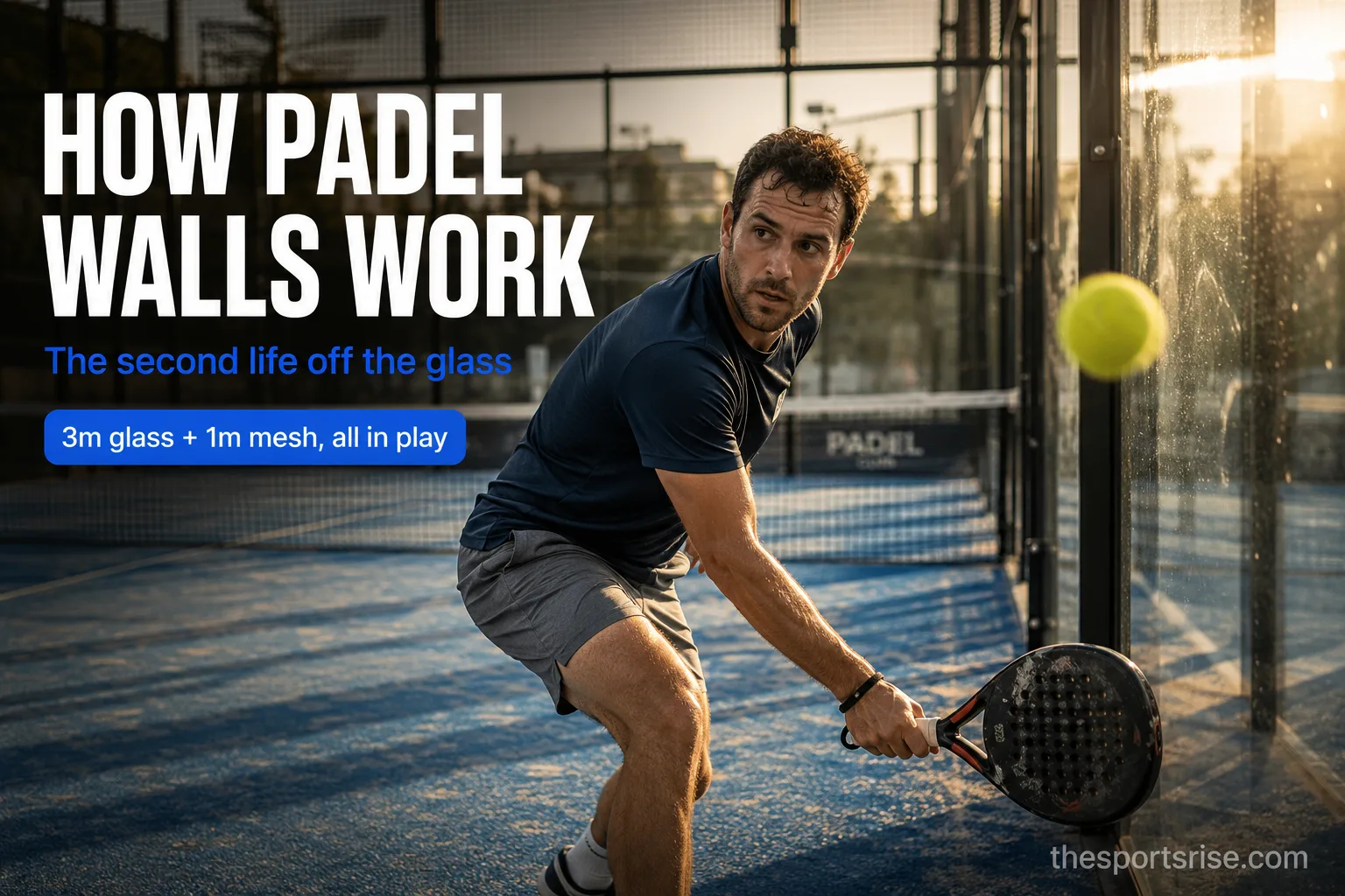 An adult beginner turns toward the glass back wall to return a rebounding padel ball at golden hour.