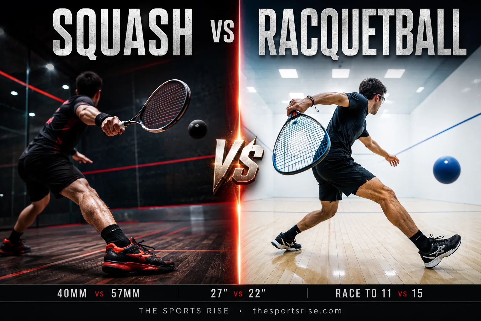 Side-by-side diagram comparing a squash court and a racquetball court, with each sport's ball and racket labelled
