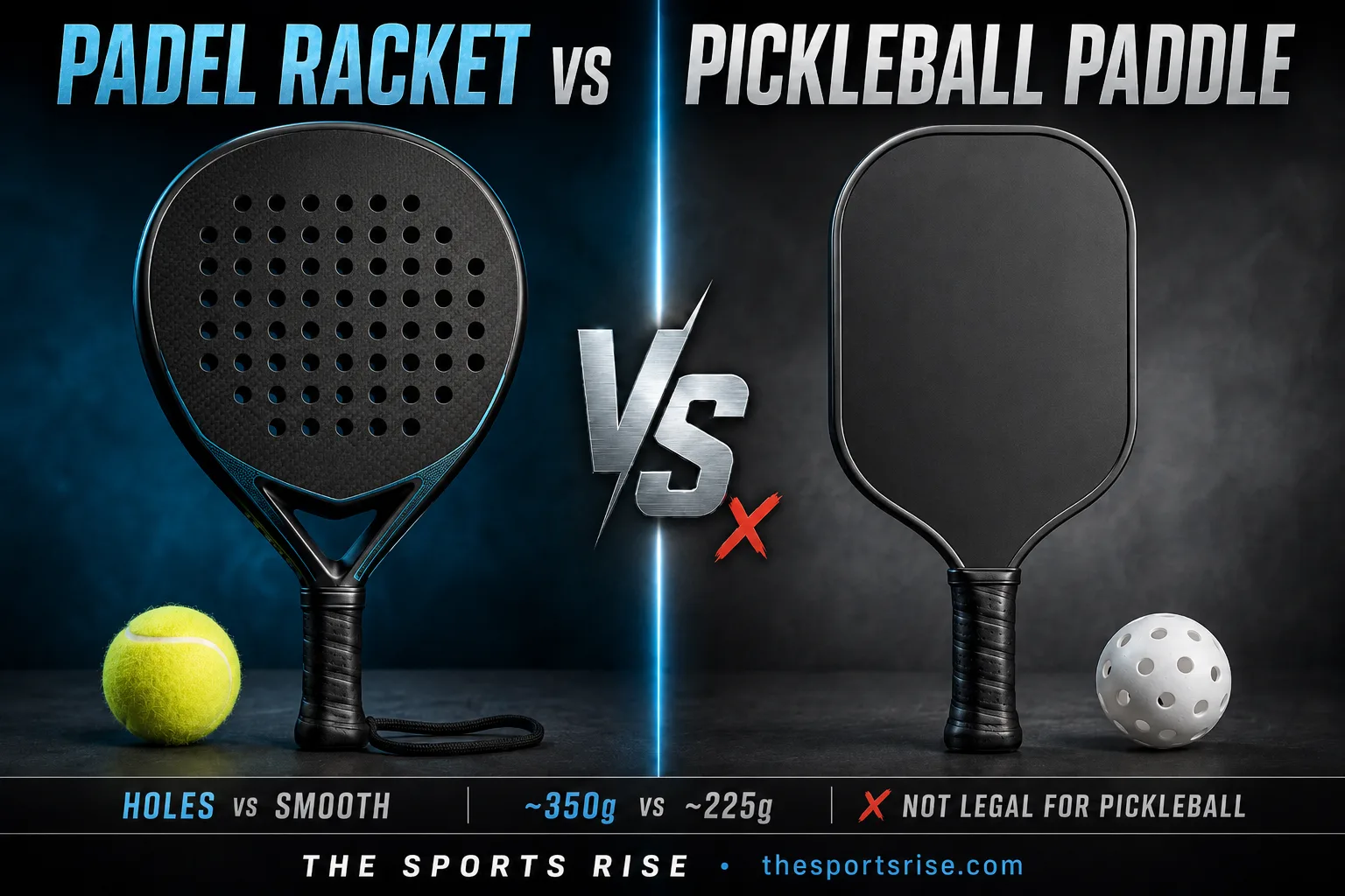 A padel racket and a pickleball paddle side by side, showing the perforated holed face versus the smooth pickleball paddle surface