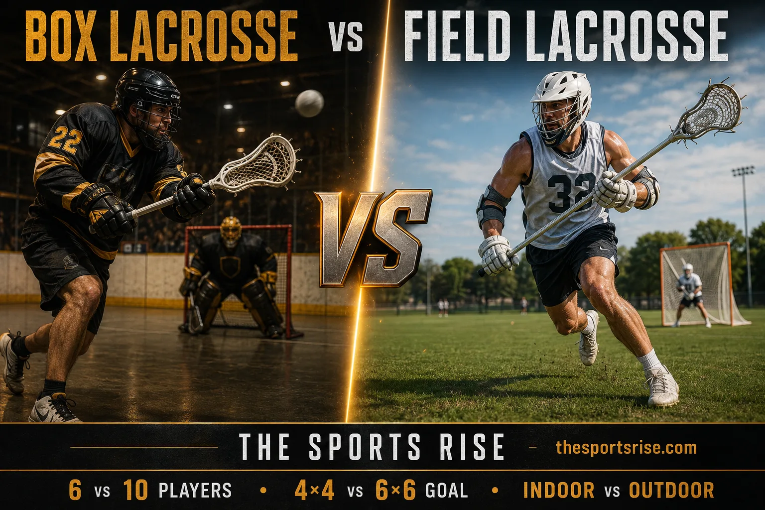 Box lacrosse on an indoor rink beside field lacrosse on an outdoor pitch, showing the difference in players, goals and space
