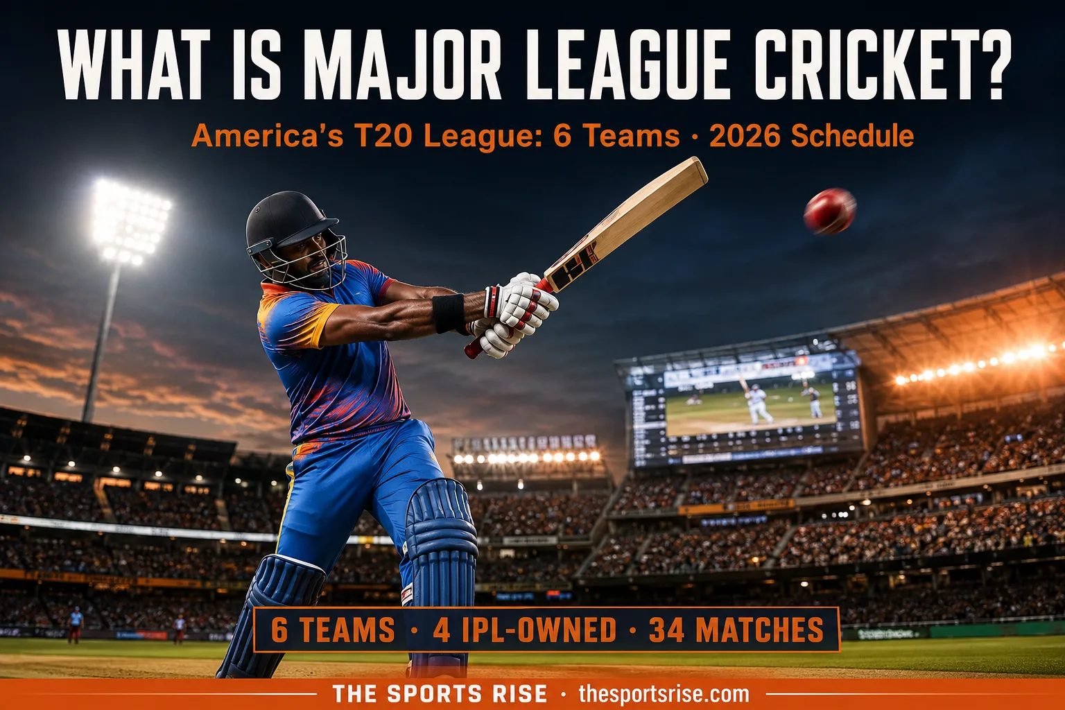 A Major League Cricket scene showing a US franchise team playing T20 in 2026 with stadium and city context