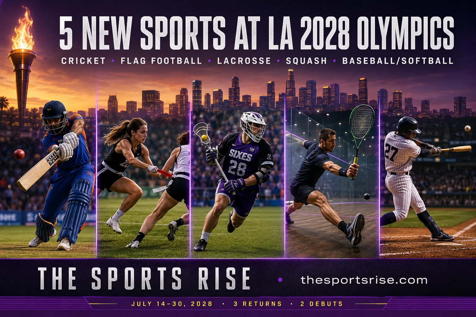 Five new LA 2028 Olympic sports shown together: cricket, flag football, lacrosse, squash and baseball/softball