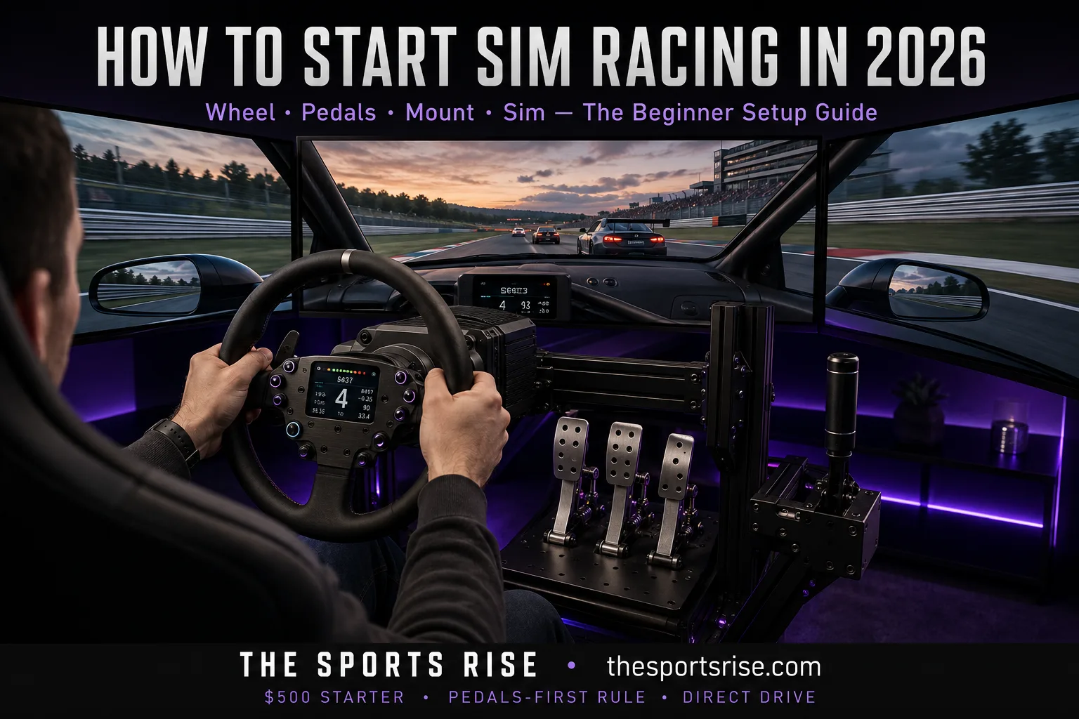 A beginner sim racing setup with a direct-drive wheelbase, load-cell pedals, wheel stand and a sim racing game on screen