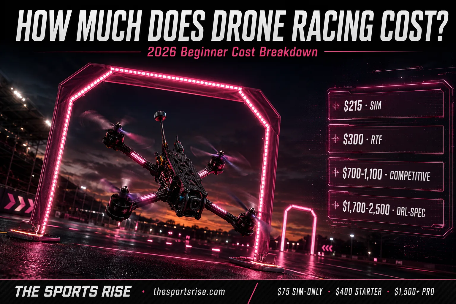 A complete FPV drone racing starter setup with goggles, radio transmitter, racing quad, batteries and charger ready for a MultiGP chapter race day