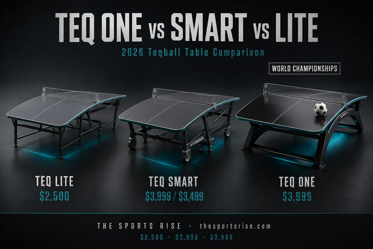 The three official Teqball tables compared side by side: TEQ LITE, TEQ SMART foldable competition table, and TEQ ONE FITEQ World Championship table
