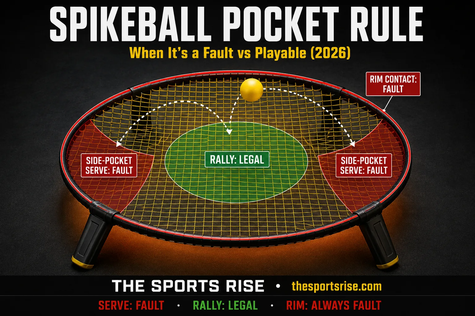 A close-up of a Spikeball net showing a pocket contact near the rim, illustrating when a pocket is a fault versus legal play under IRF rules