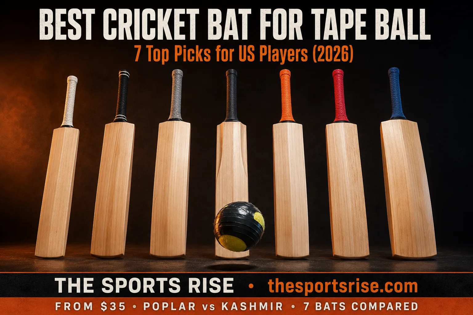 Seven tape-ball cricket bats compared for US players in 2026 including the CA Rustam, CA Pro Force, Kookaburra TB 1000 and Hammer Steele Kashmir willow