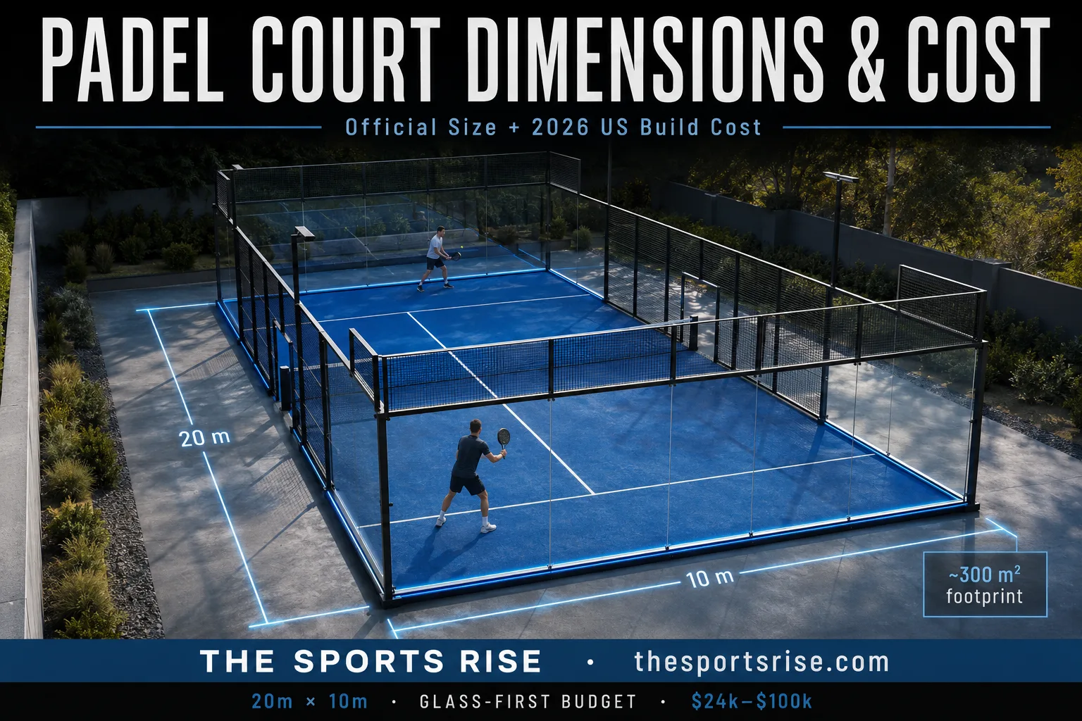 A regulation padel court showing the 20 by 10 meter dimensions, glass back walls and steel enclosure with measurements labelled