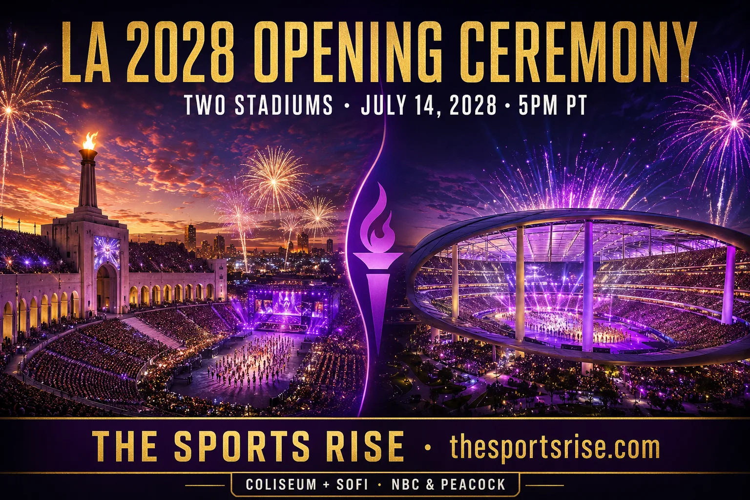 The LA 2028 Olympic opening ceremony shown across two stadiums, the LA Memorial Coliseum and SoFi Stadium, on July 14, 2028