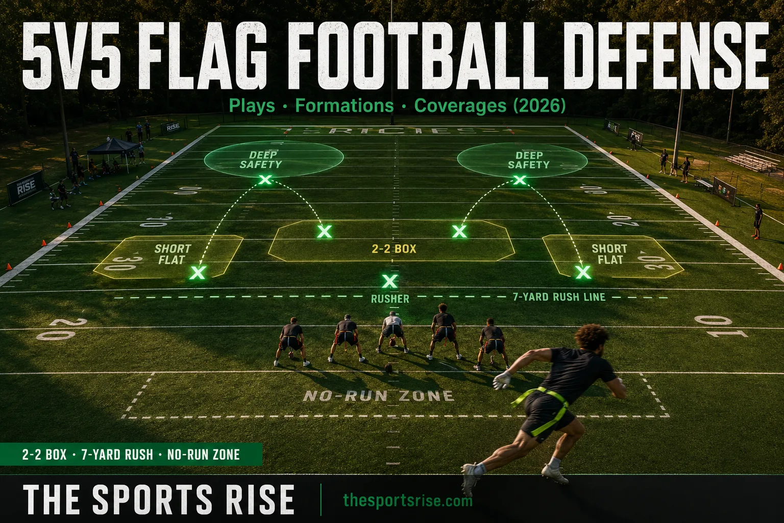 A 5v5 flag football defense playbook diagram showing the 2-2 box zone, 1-3-1 and center-safety formations with rusher and coverage assignments