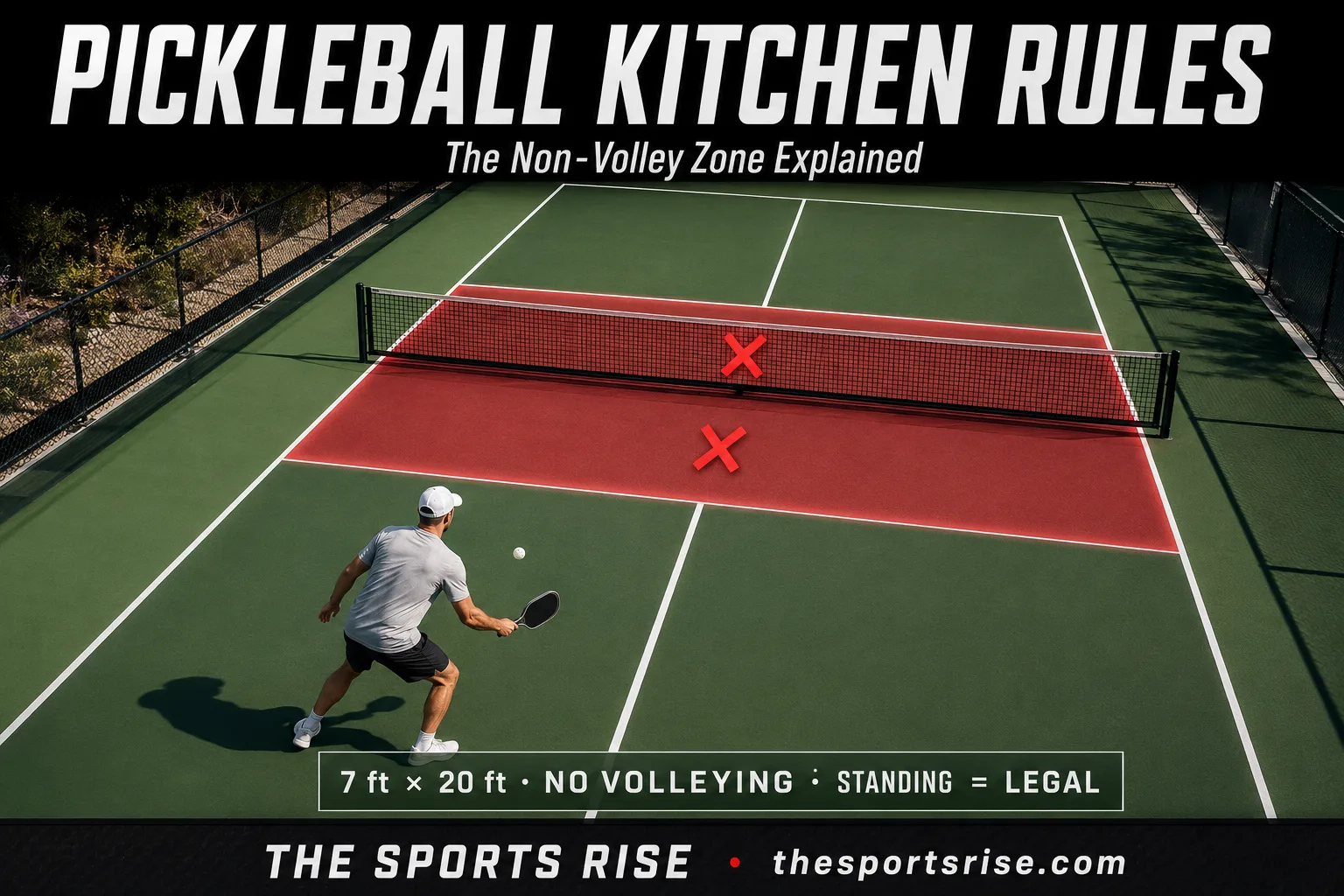 A pickleball court diagram with the kitchen (non-volley zone) highlighted on both sides of the net, showing the 7 by 20 foot area