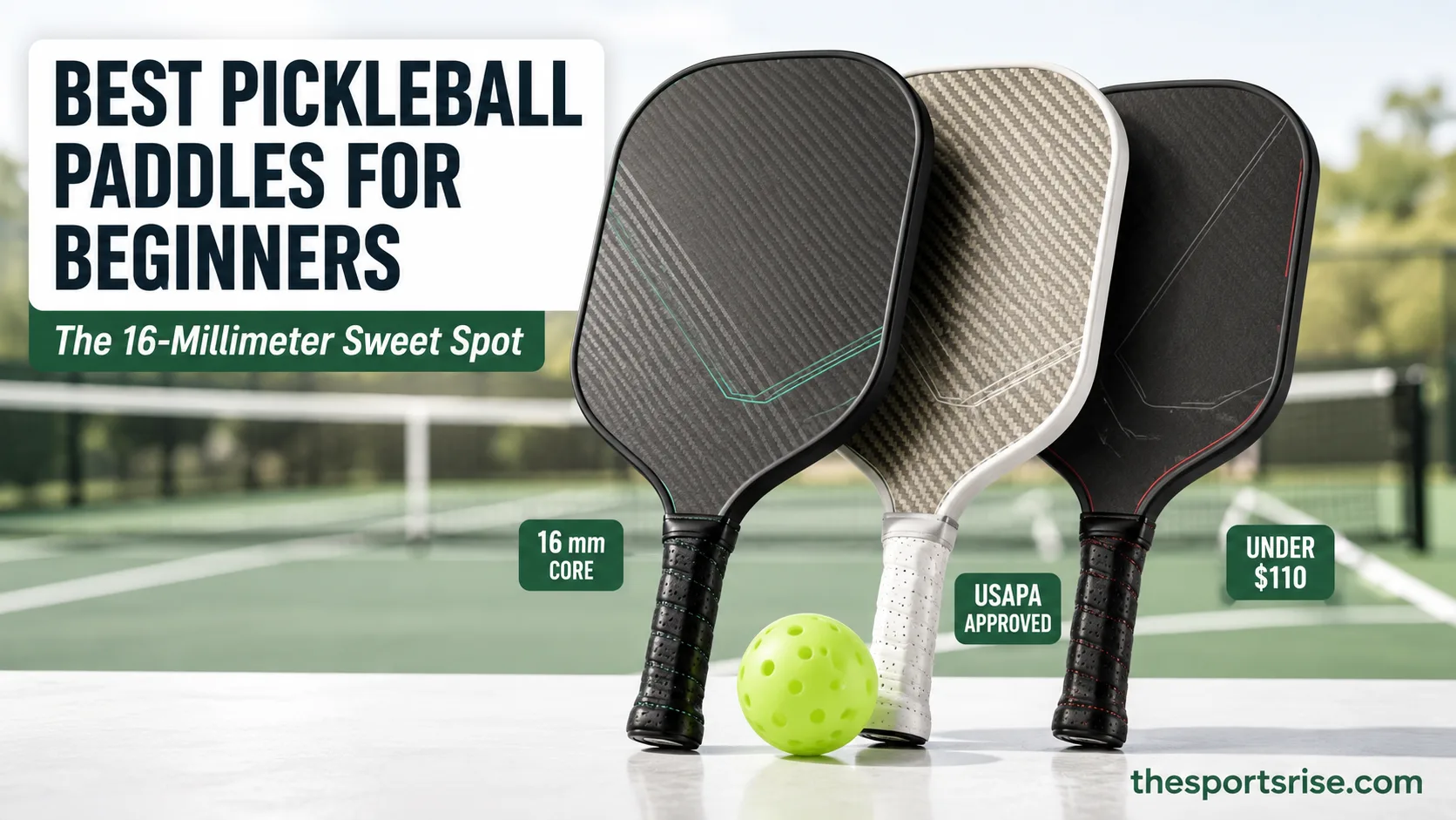 Three best beginner pickleball paddles for 2026 lined up on a court, each a 16mm carbon control paddle under 110 dollars
