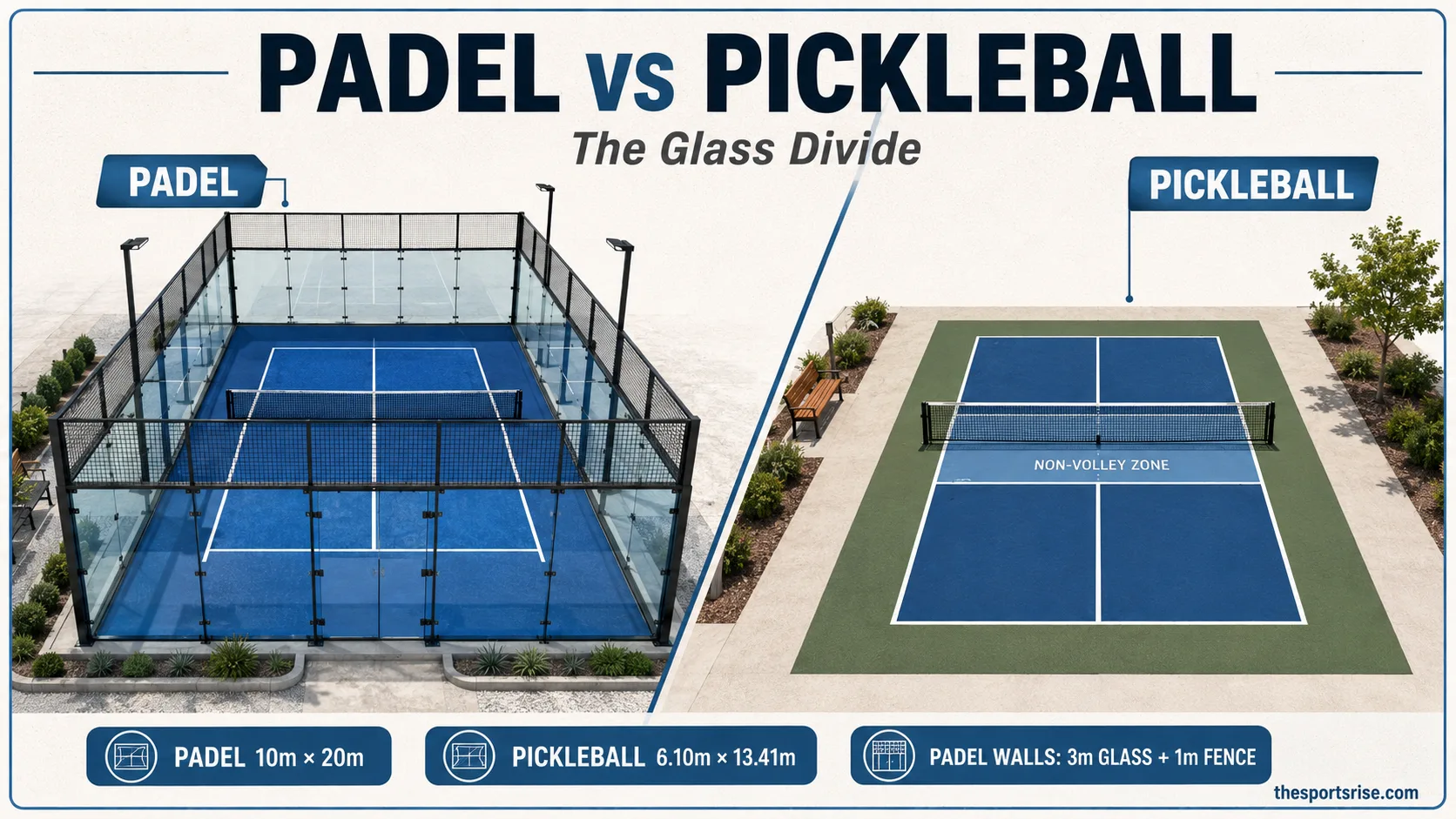Padel vs pickleball court comparison: glass-walled 10m by 20m padel court beside an open 20ft by 44ft pickleball court