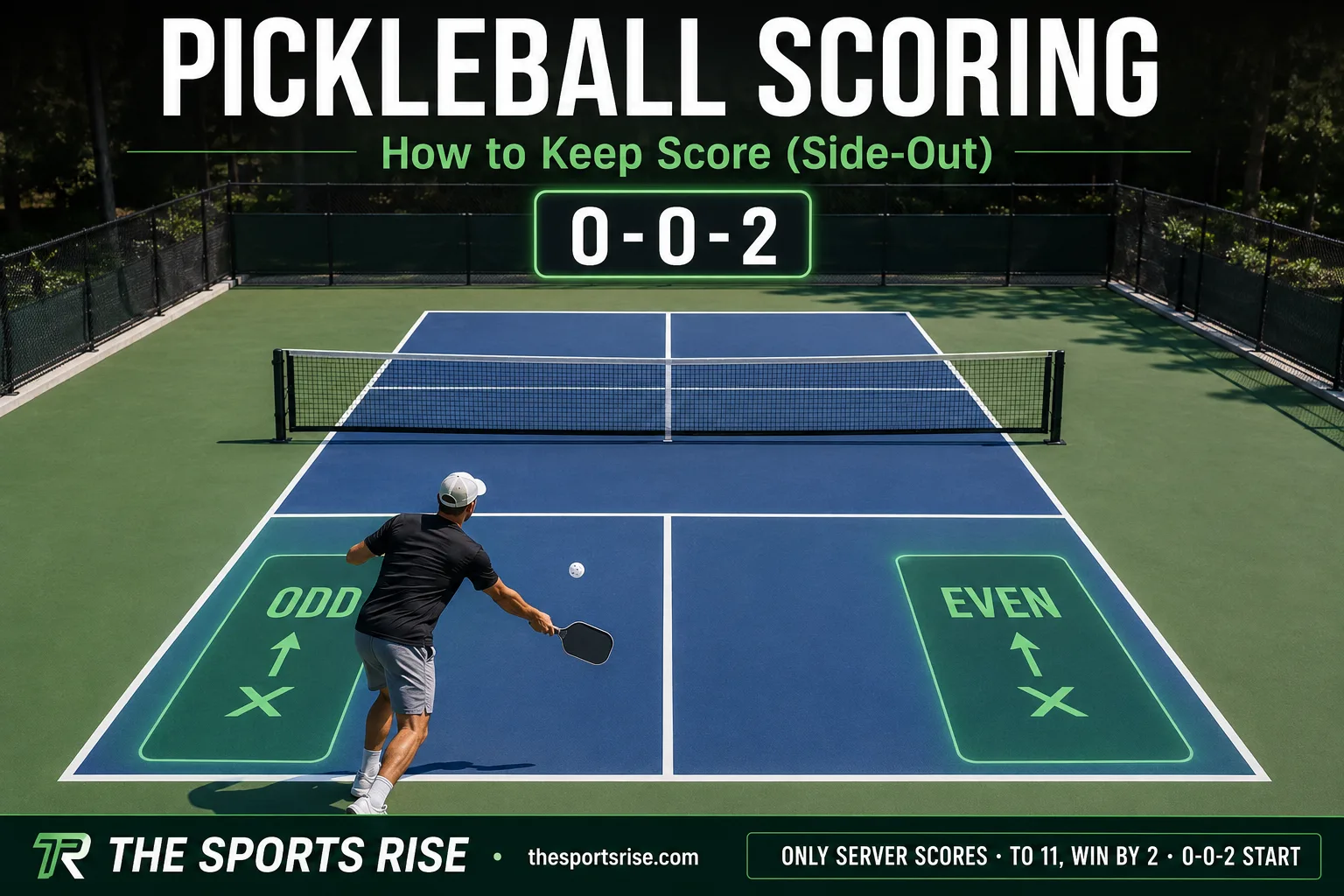 A pickleball scoring guide diagram showing the three-number call, even and odd serving positions and side-out scoring