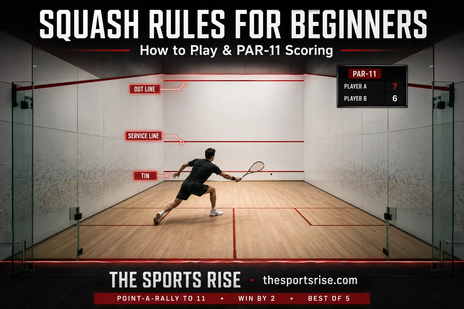 A squash court diagram showing the front wall, out line, service line and tin, with PAR-11 scoring explained for beginners
