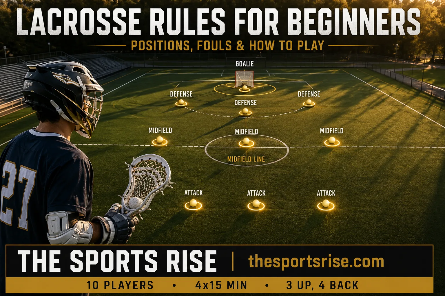 A men's field lacrosse diagram showing the ten positions, the crease, midfield line and goal for a beginner rules guide