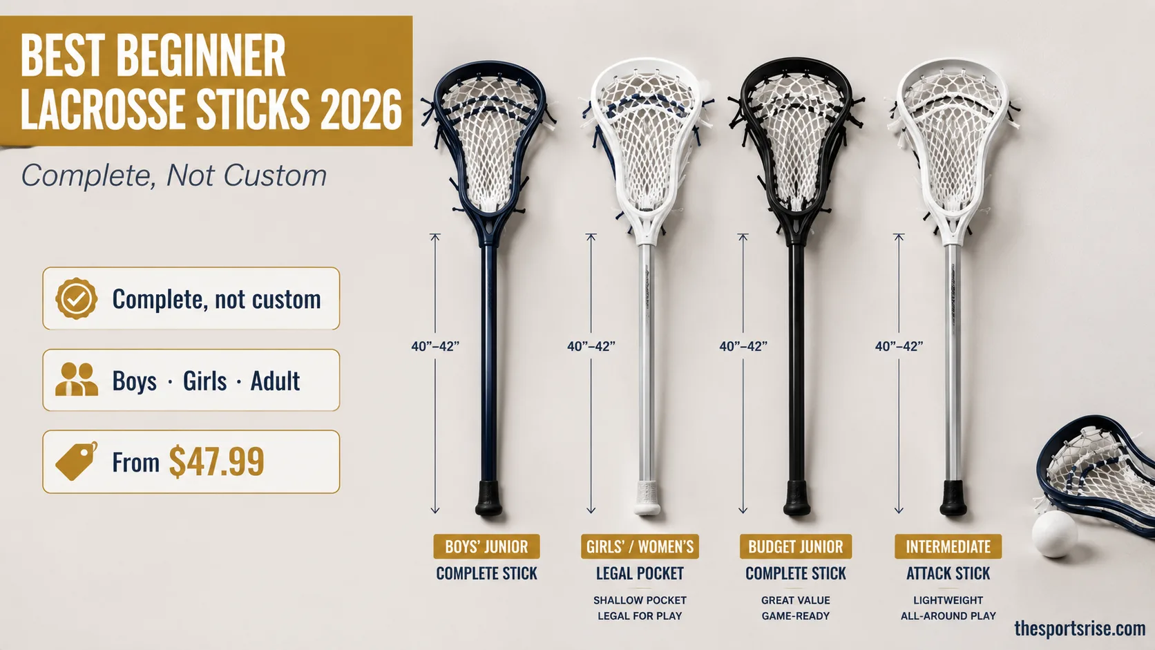 Beginner lacrosse complete sticks for boys and girls lined up by size, strung heads and shafts ready for a first season