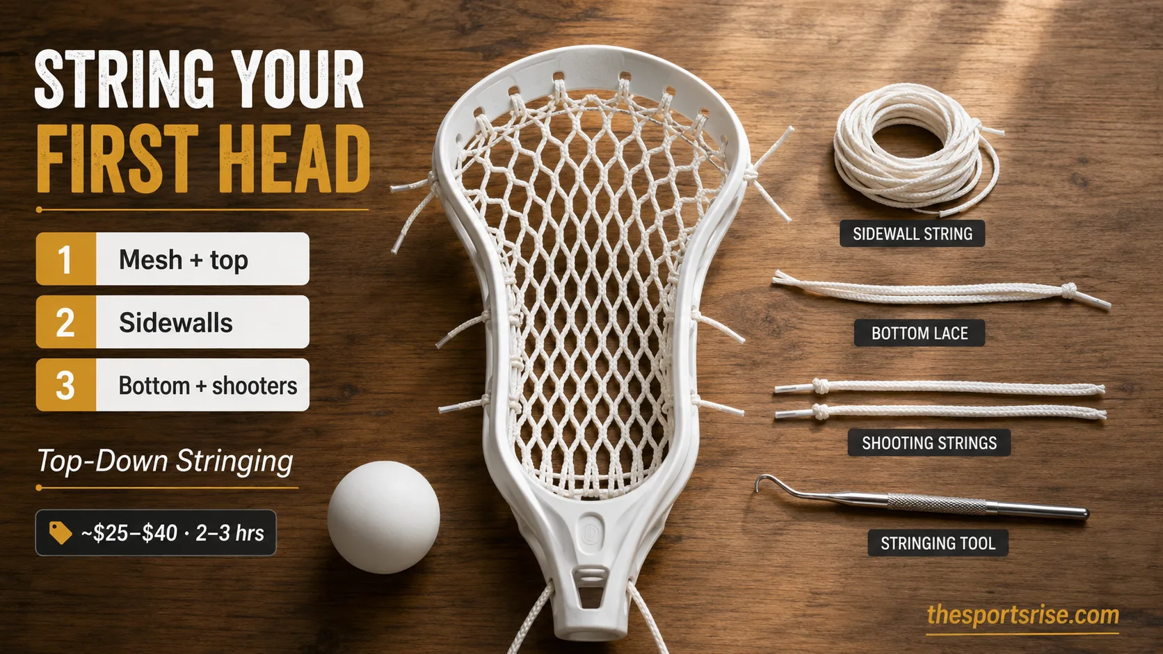 Beginner stringing a men's lacrosse head with semi-soft mesh, sidewall strings, and shooters laid out on a table