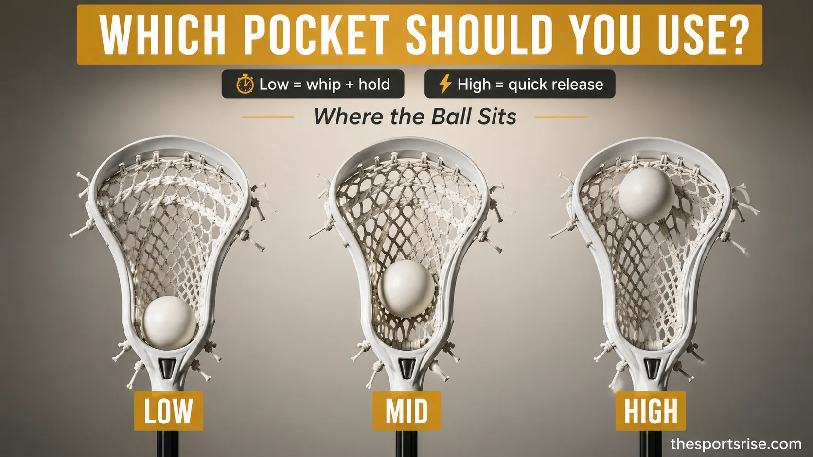 Three lacrosse heads side by side showing low, mid and high pocket placement, ball near the throat, center and scoop