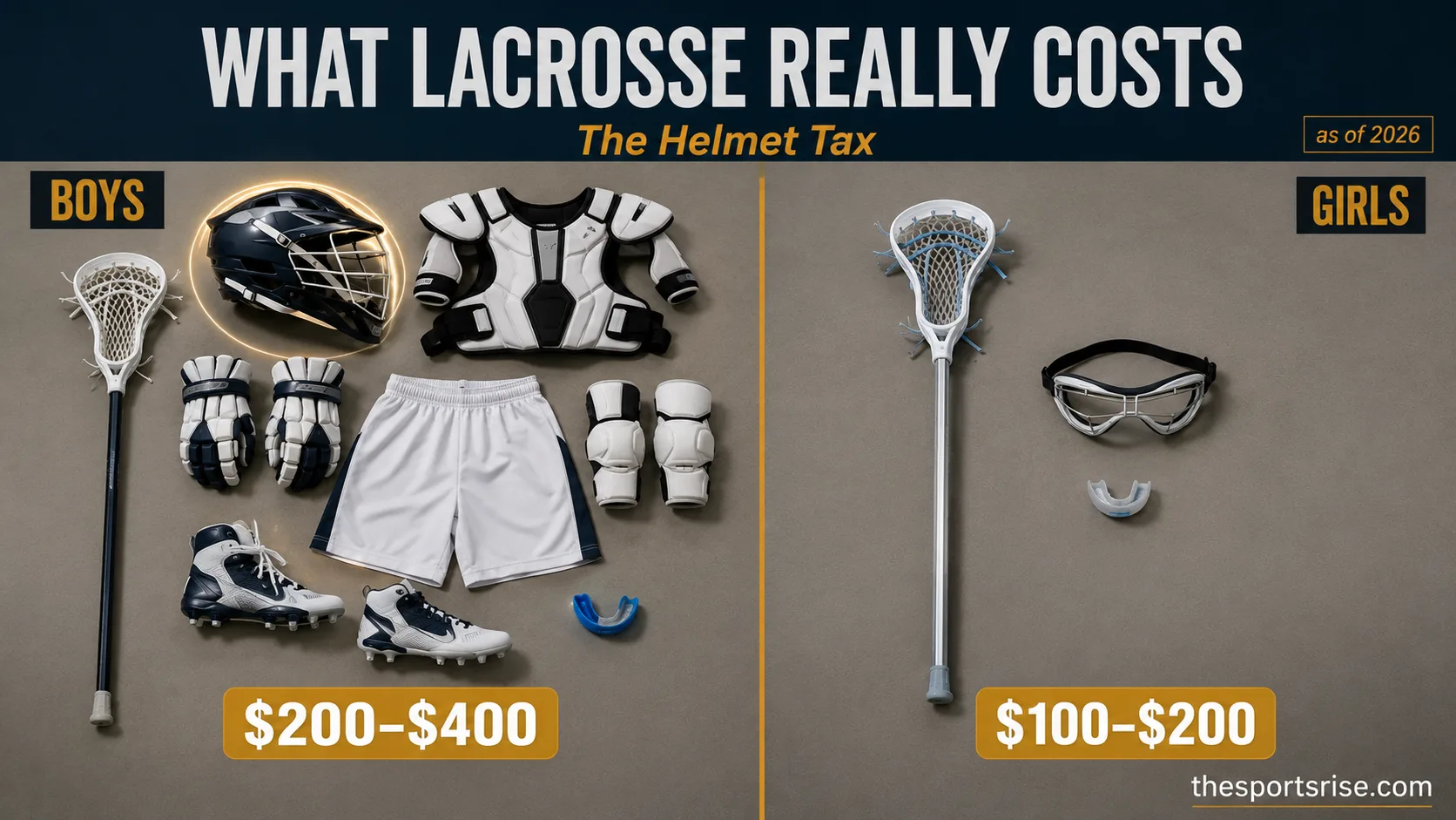 Itemized 2026 lacrosse cost breakdown showing a boys' equipment kit with helmet, pads, and stick beside a girls' minimal kit