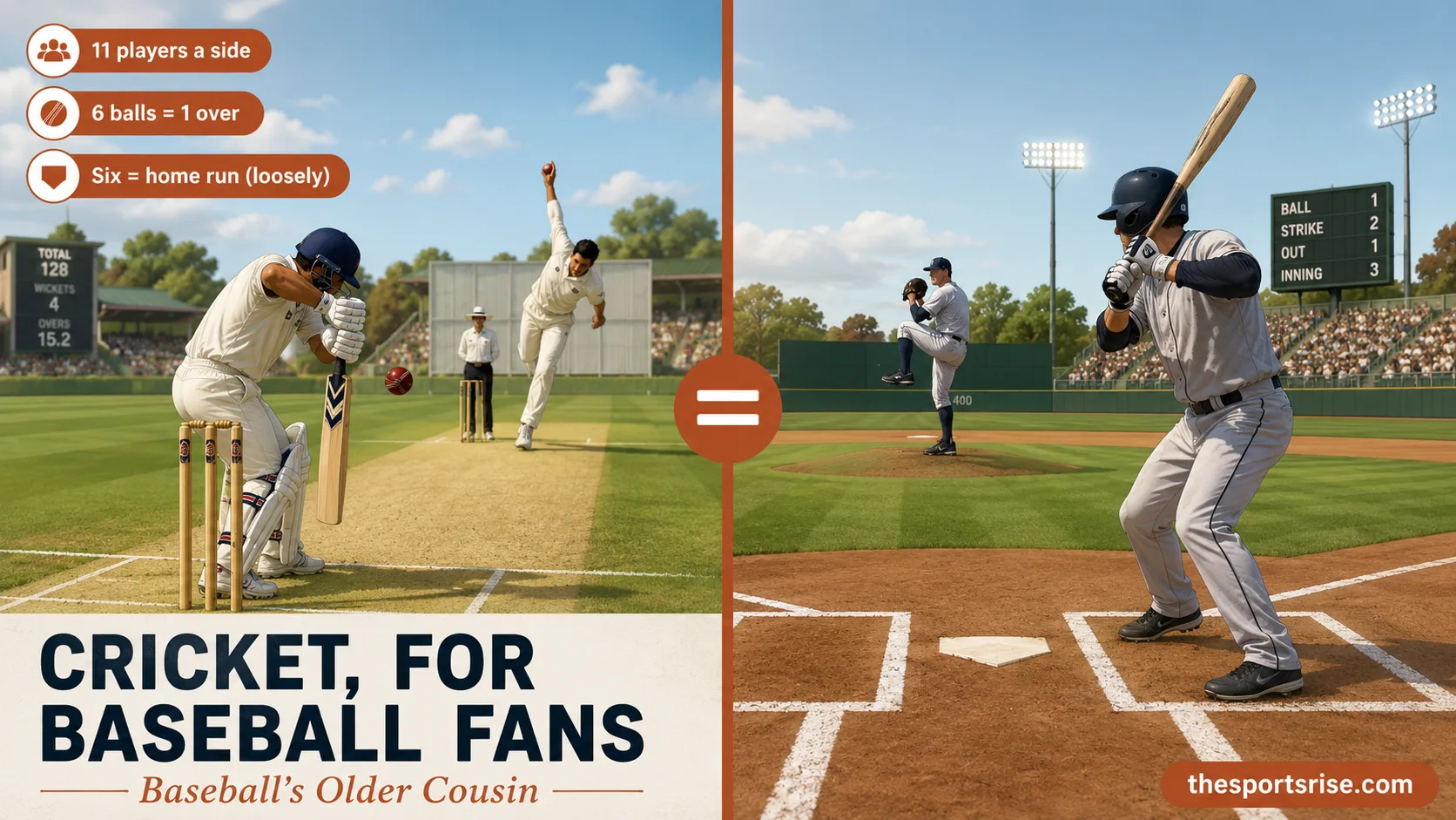 Cricket batter facing a bowler beside a baseball home plate, illustrating cricket rules explained for American baseball fans