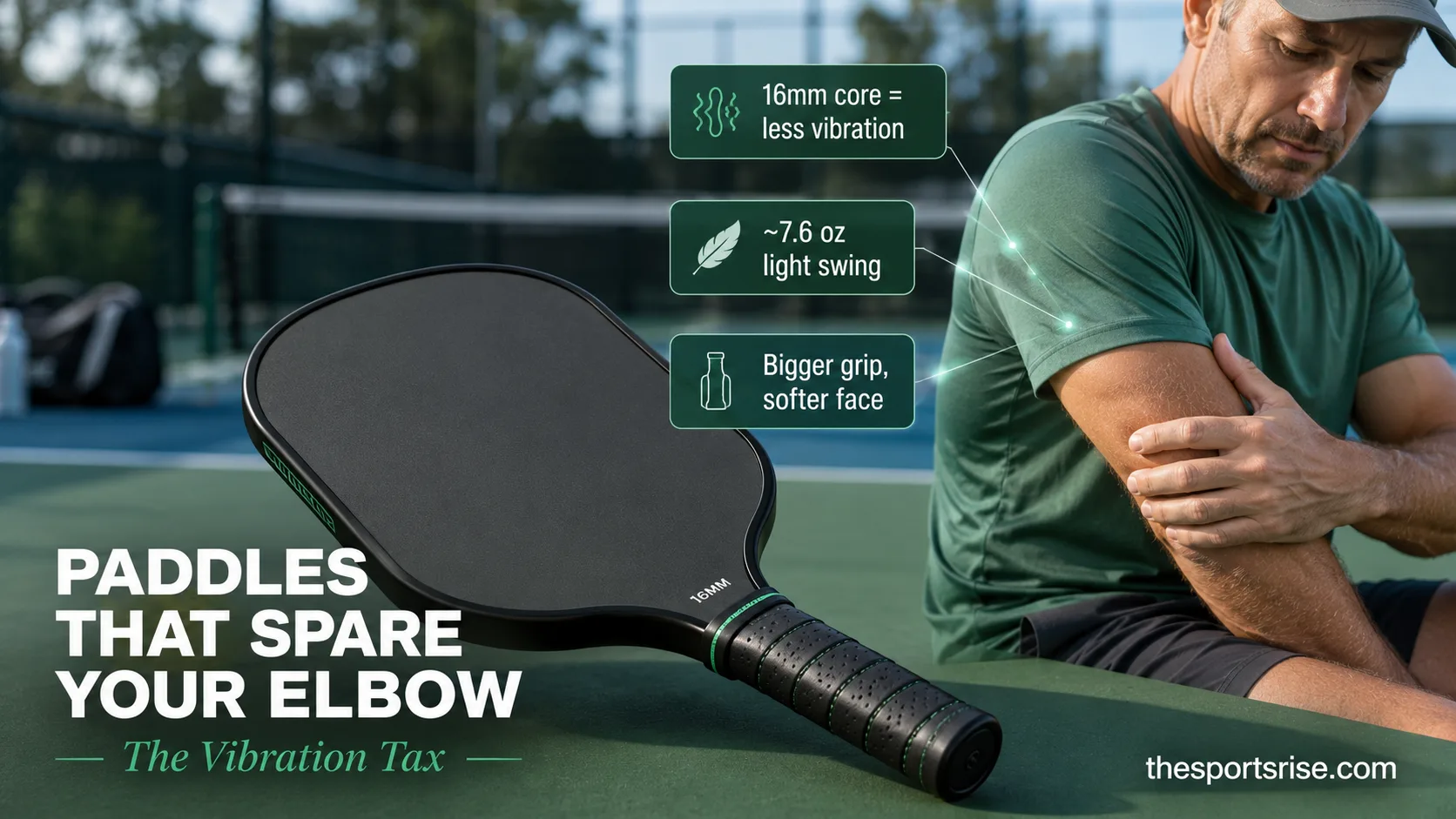 Arm-friendly pickleball paddle with thick 16mm core and dampening grip beside a player holding a sore elbow after a game