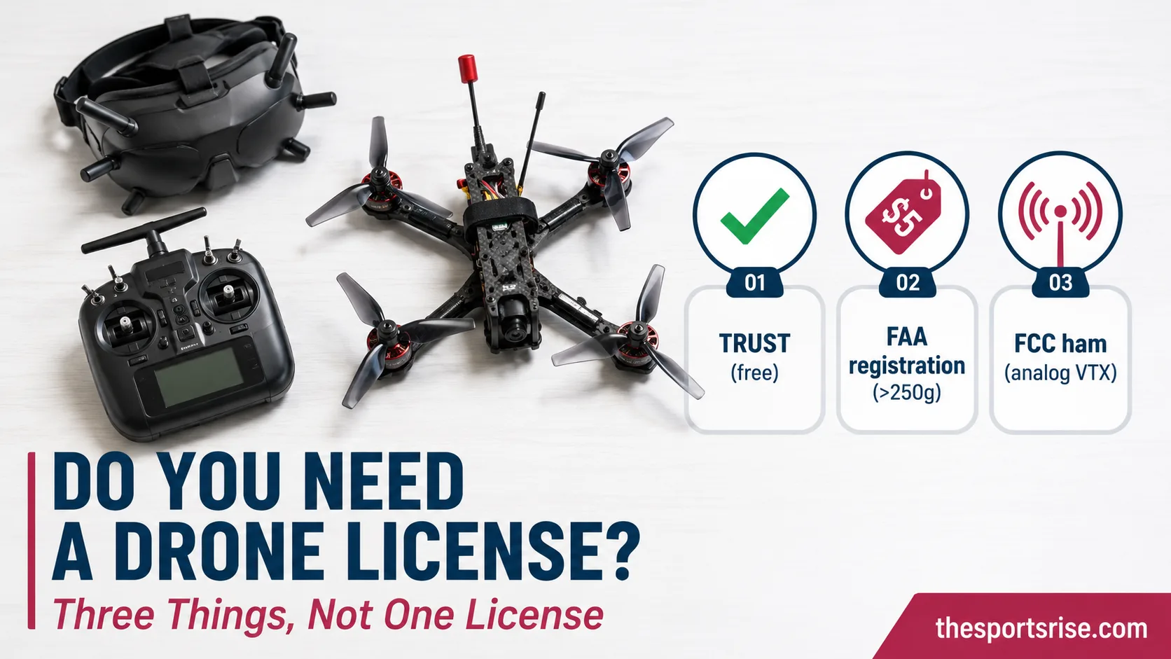FPV racing drone with pilot wearing goggles, illustrating FAA TRUST, drone registration, and FCC ham radio license rules