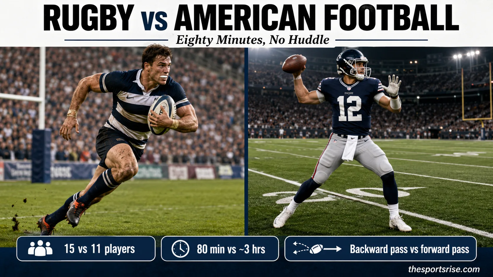Side-by-side rugby union and American football players showing minimal padding versus full helmet and shoulder pads