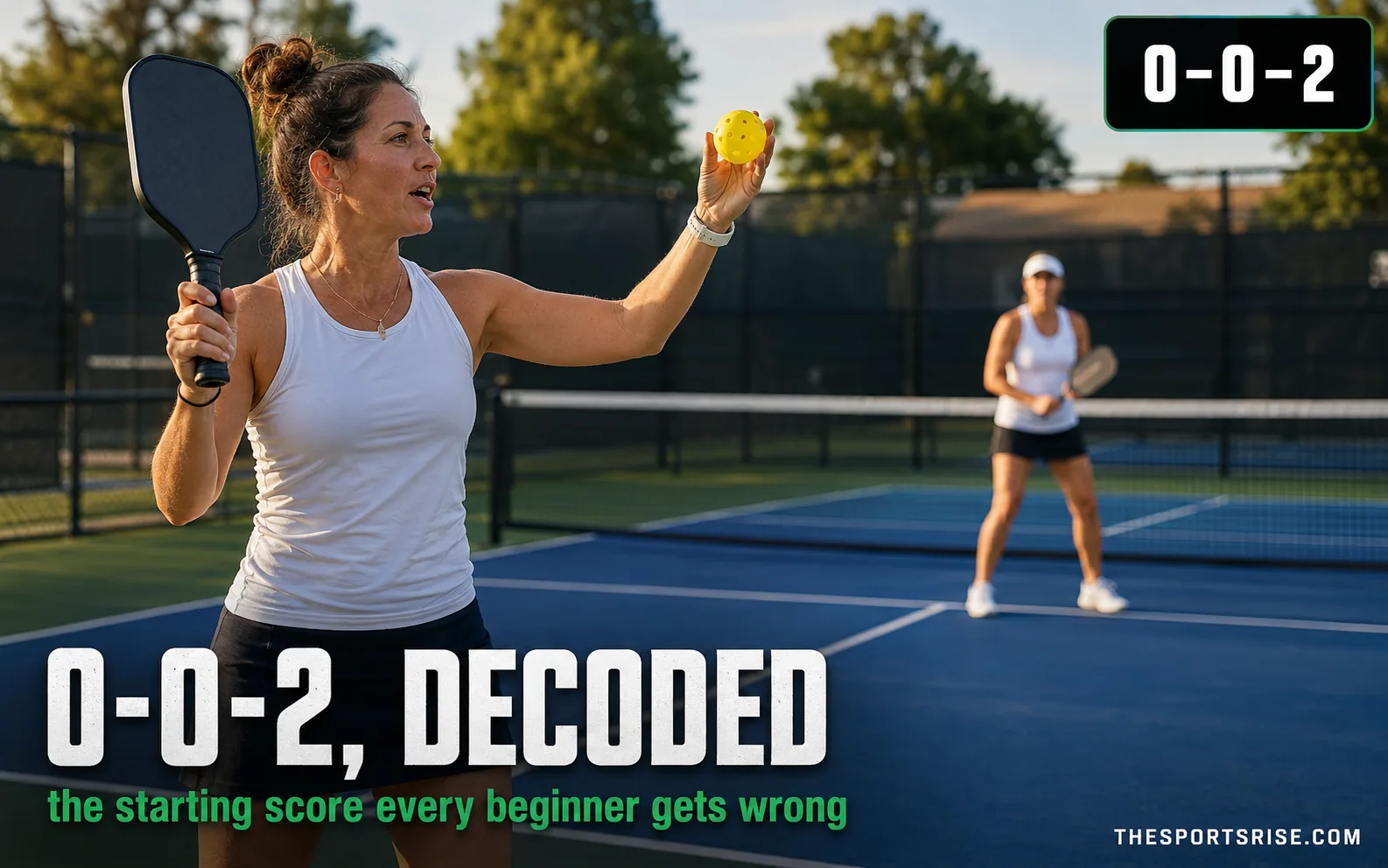 A pickleball doubles court diagram showing the starting score 0-0-2 called by the right-side first server.